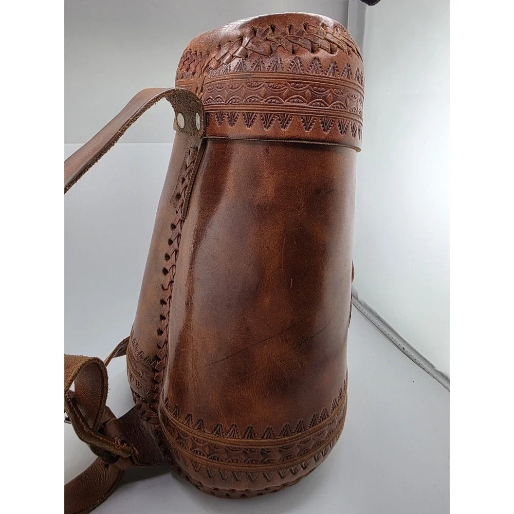 Vintage handcrafted Cowhide Leather Crossbody Bag Boho Tooled Cylinder Design - Picture 5 of 9
